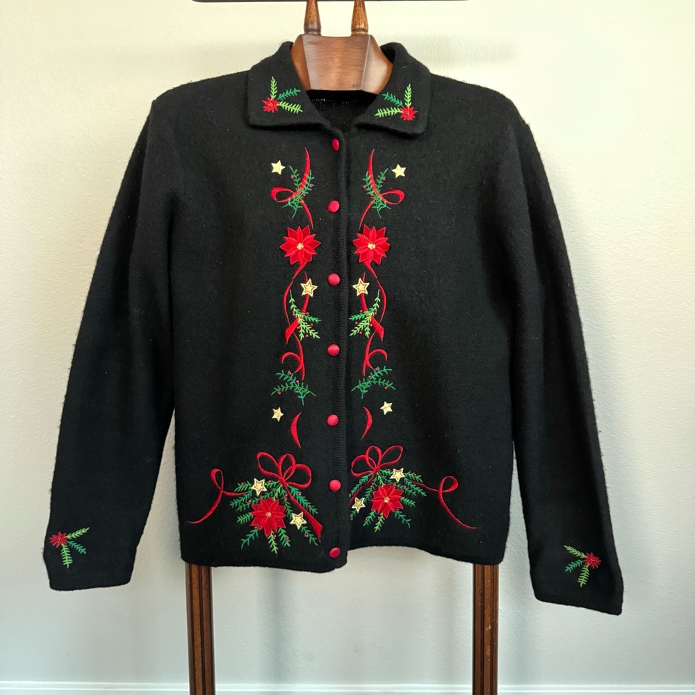 Karen Scott Christmas Cardigan Black Embroidered Poinsettia Holiday Sweater Sz L